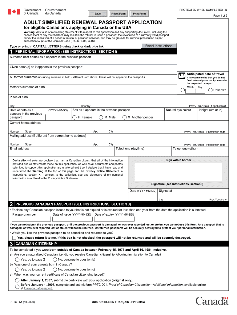 PPTC 054 E Adult Simplified Renewal Passport Application for Eligible Canadians Applying in Canada or the USA 2020